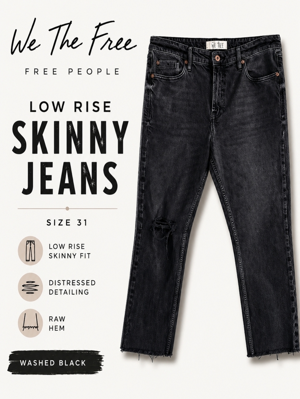Free People We The Free Black Distressed Skinny Jeans Low Rise Size 31 Raw Hem